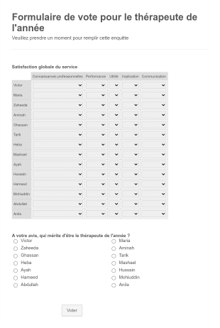 Formulaire De Vote Pour Le Thérapeute De L'année Form Template
