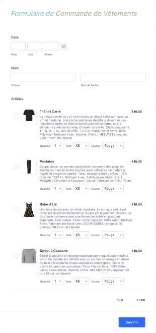 Formulaire De Commande de Vêtements