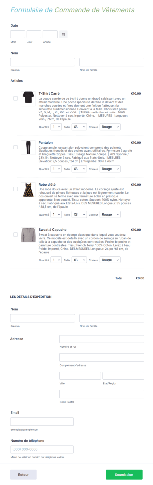 Formulaire De Commande de Vêtements