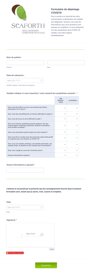 Formulaire D'enregistrement COVID 19 En Français Form Template
