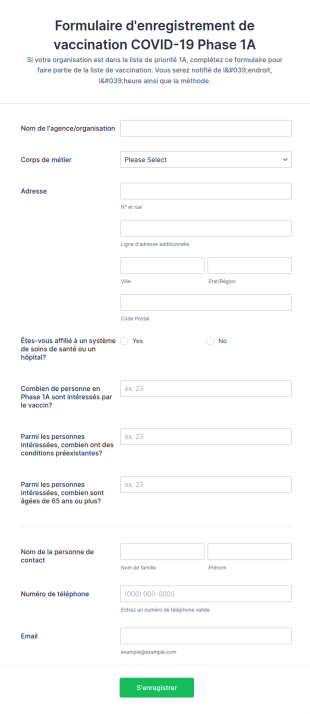 Formulaire D'enregistrement De Vaccination COVID 19 Phase 1A