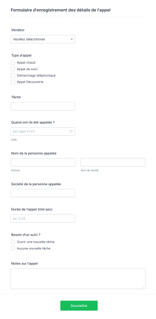 Formulaire D'enregistrement Des Détails De L'appel