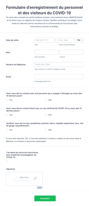 Formulaire D'enregistrement Du Personnel Et Des Visiteurs Du COVID 19