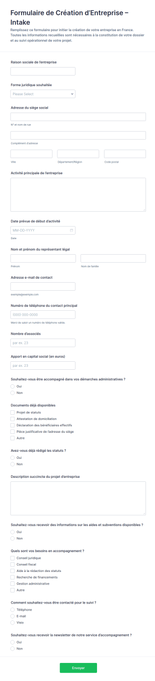 Formulaire D’entrée Pour La Création D’entreprise
