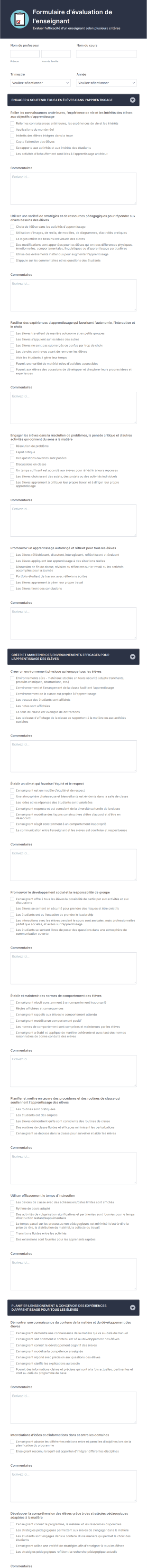 Formulaire D'évaluation De L'enseignant
