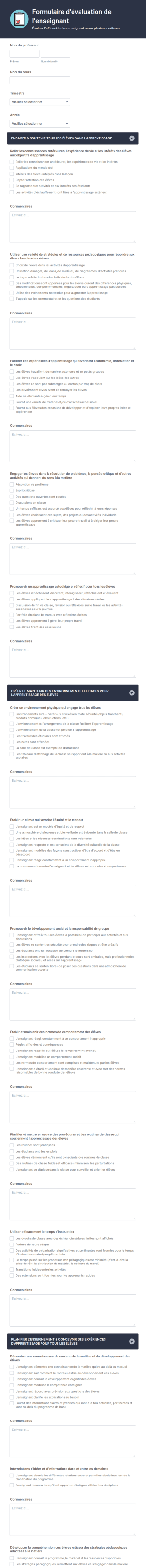 Formulaire D'évaluation De L'enseignant