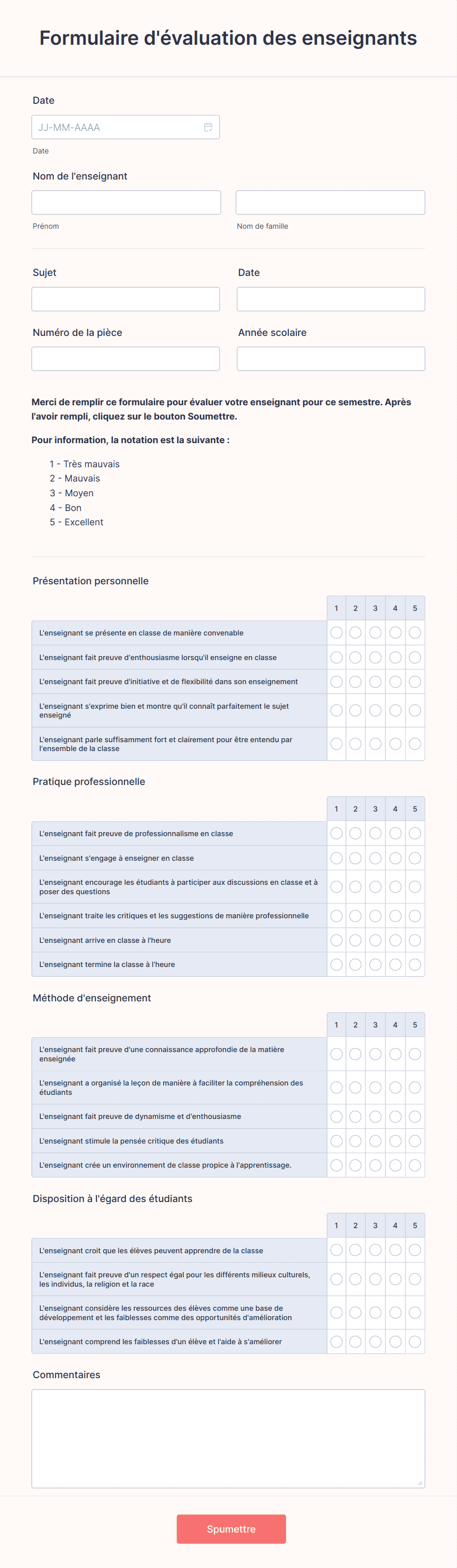 Formulaire D'évaluation Des Enseignants Modèle Du Formulaire 