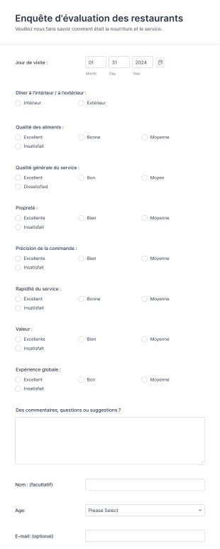 Formulaire D'évaluation Des Restaurants Form Template