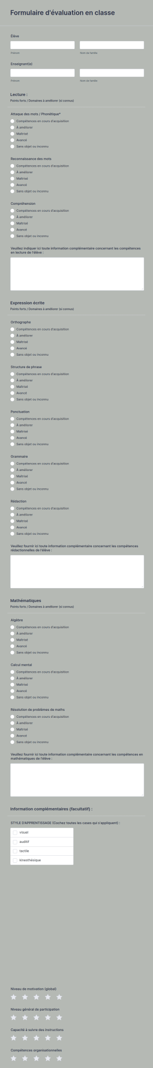 Formulaire D'évaluation En Classe