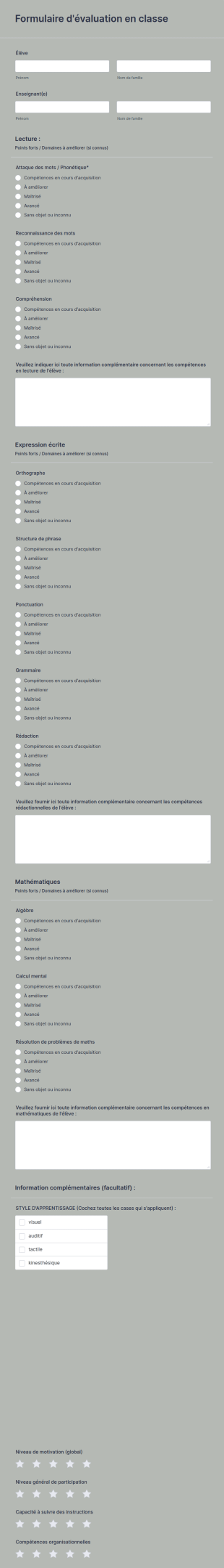 Formulaire D'évaluation En Classe