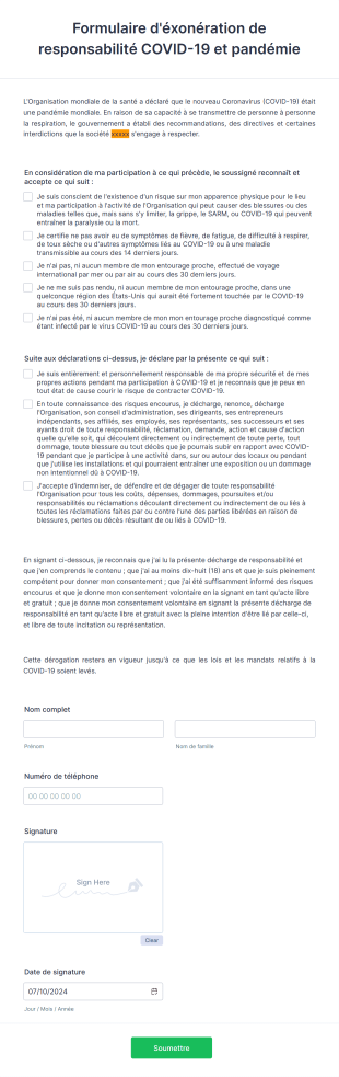 Formulaire D'éxonération De Responsabilité COVID 19 Et Pandémie