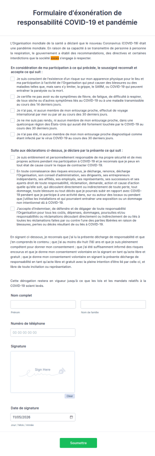 Formulaire D'éxonération De Responsabilité COVID 19 Et Pandémie