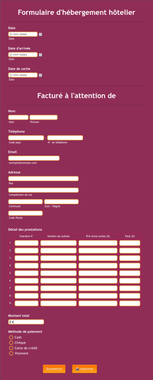 Formulaire D'hébergement Hôtelier Form Template