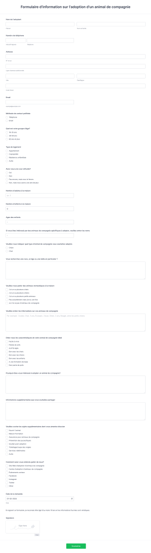 Formulaire D'information Sur L'adoption D'un Animal De Compagnie Form Template