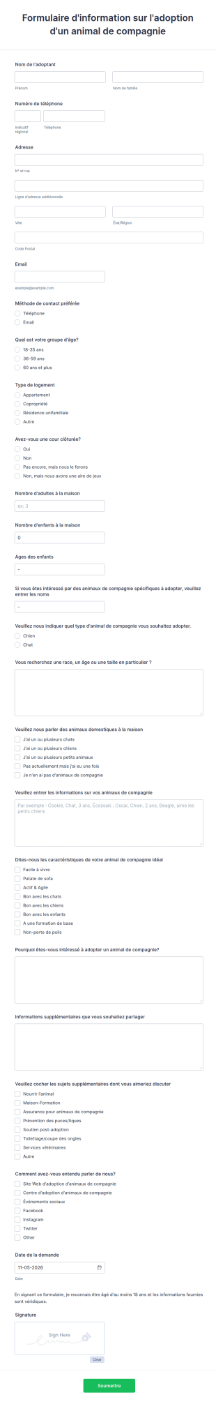 Formulaire D'information Sur L'adoption D'un Animal De Compagnie