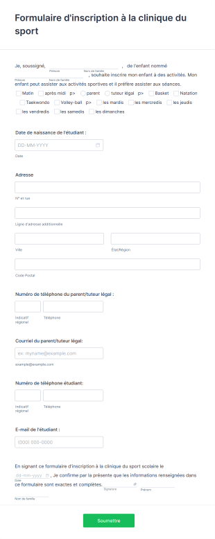 Formulaire D'inscription à La Clinique Du Sport Form Template