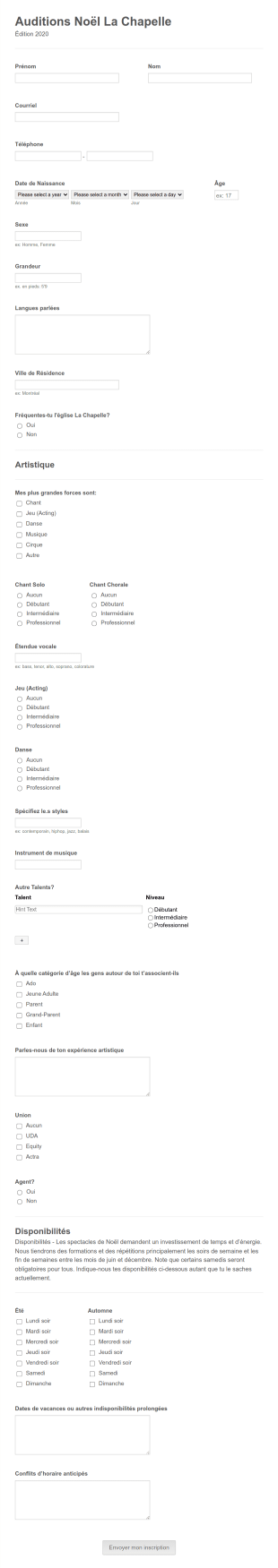 Formulaire D'Inscription à L'Audition Du Spectacle De Noël De La Chapelle