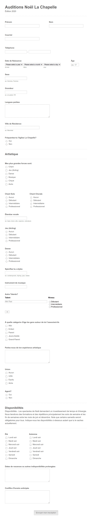 Formulaire D'Inscription à L'Audition Du Spectacle De Noël De La Chapelle Form Template