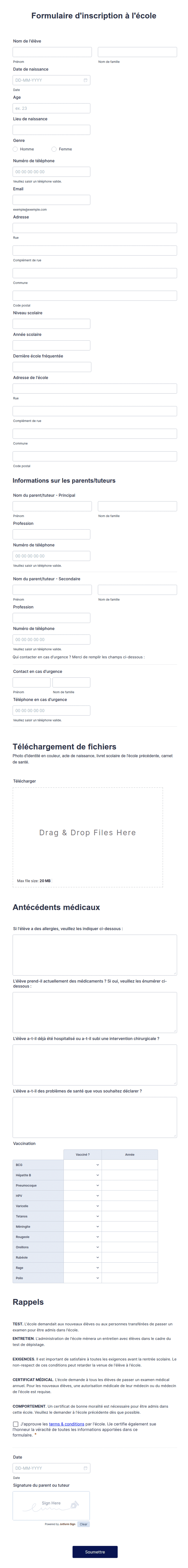 Formulaire d'inscription à l'école | Jotform