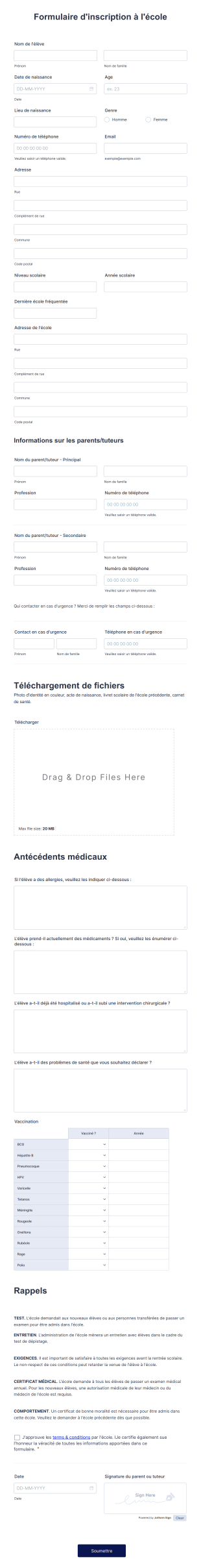 Formulaire D'inscription à L'école Form Template
