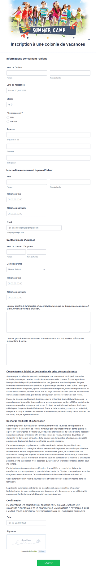 Formulaire D'inscription à Une Colonie De Vacances