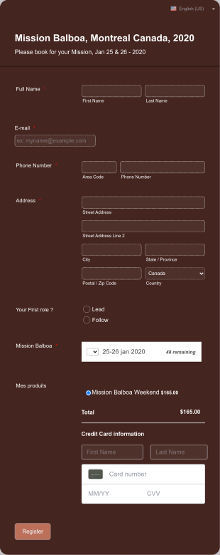 Formulaire D'inscription à Une Mission, Avec Paiement Form Template