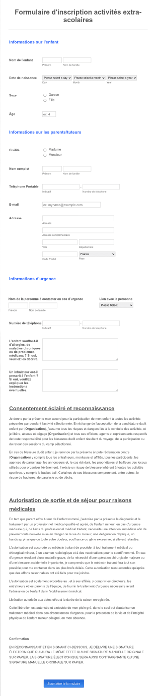 Formulaire D'inscription Activités Extra Scolaires
