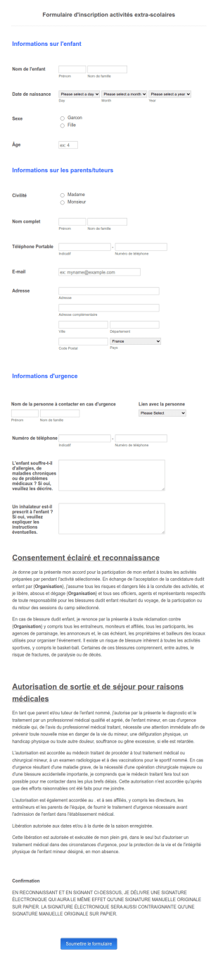 Formulaire D'inscription Activités Extra Scolaires