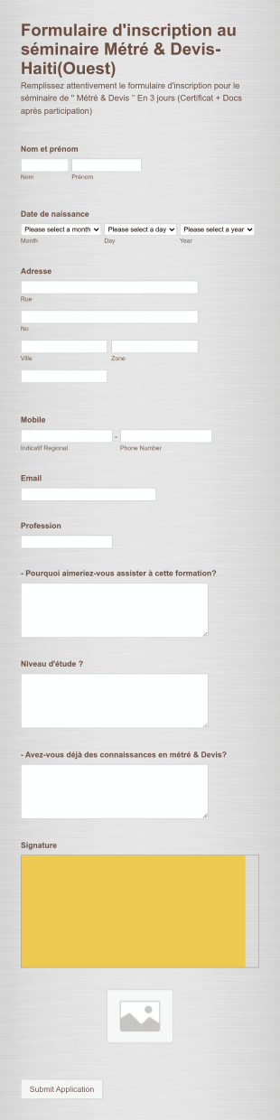 Formulaire D'inscription Au Séminaire '’Métré & Devis" Form Template