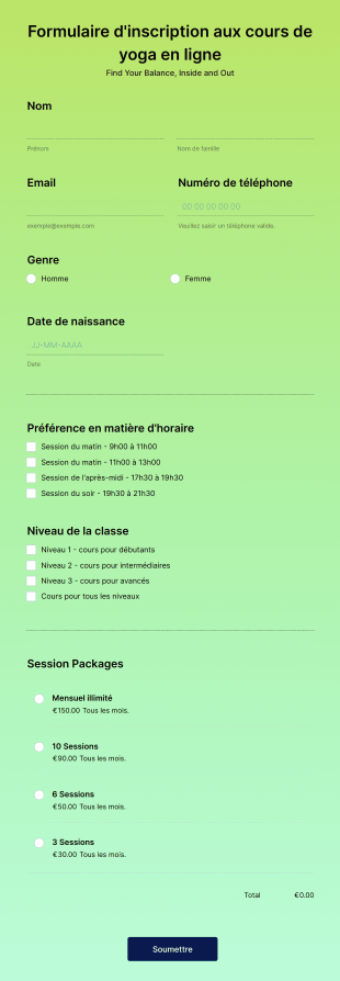 Formulaire D'inscription Aux Cours De Yoga En Ligne Form Template
