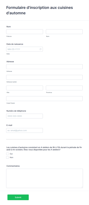 Formulaire D'inscription Aux Cuisines D'automne Form Template