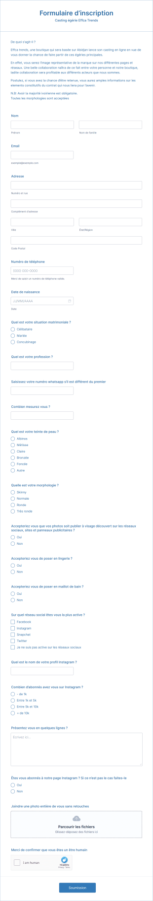 Formulaire D’inscription Casting Form Template