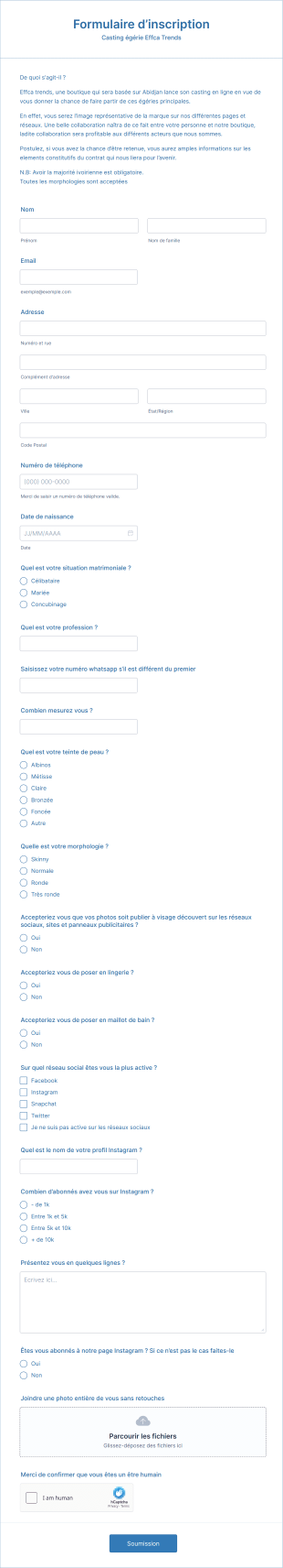 Formulaire D’inscription Casting Form Template