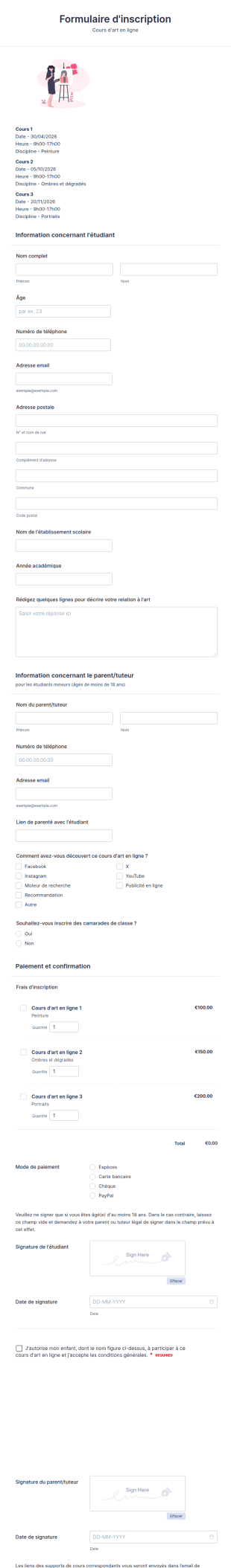 Formulaire D'inscription Cours D'art En Ligne