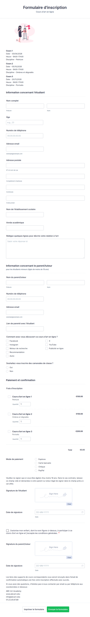 Formulaire D'inscription Cours D'art En Ligne
