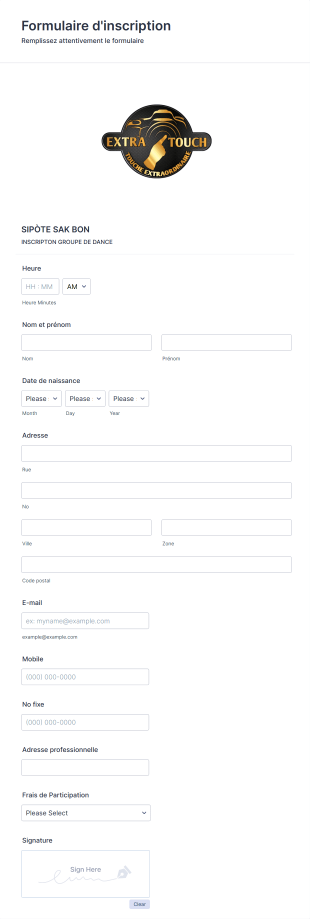 Formulaire D'inscription Dance Extra Touch Form Template