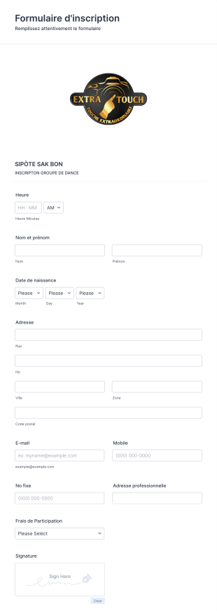 Formulaire D'inscription Dance Extra Touch Form Template