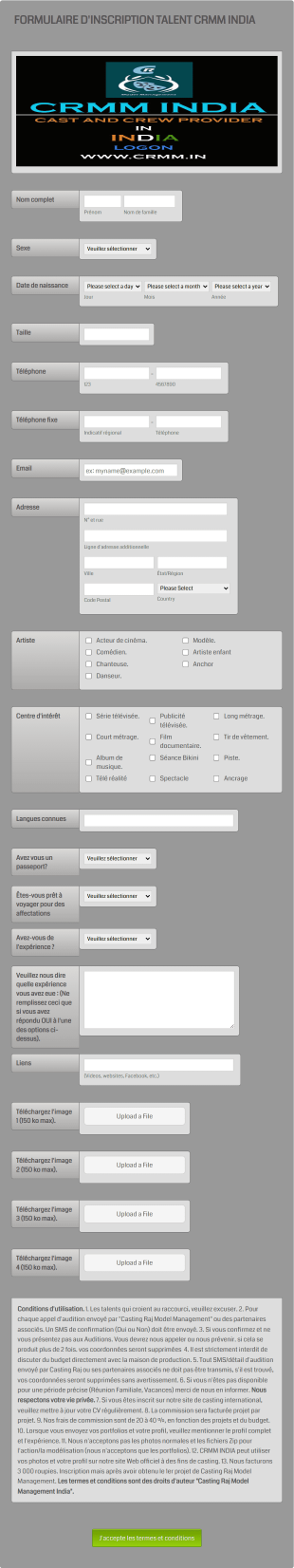 Formulaire D'inscription De Talent Pour L'agence De Casting Form Template