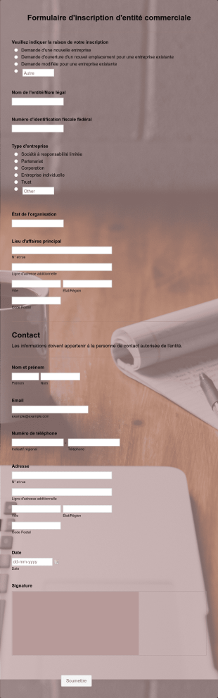 Formulaire D'inscription D'entité Commerciale Form Template