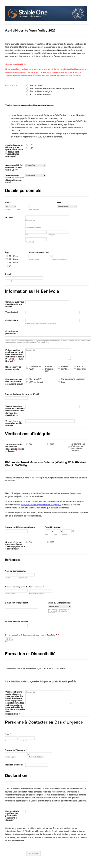 Formulaire D'Inscription Des Bénévoles COVID 19 2020 Form Template