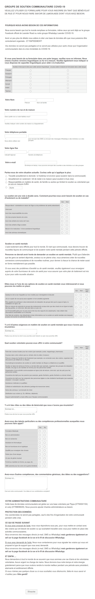 Formulaire D'Inscription Des Bénévoles Covid 19