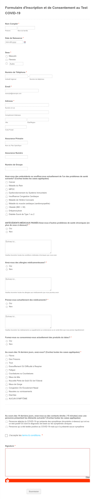 Formulaire D'Inscription Et De Consentement Au Test COVID 19 Form Template
