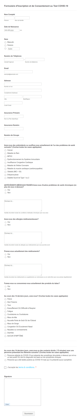 Formulaire D'Inscription Et De Consentement Au Test COVID 19
