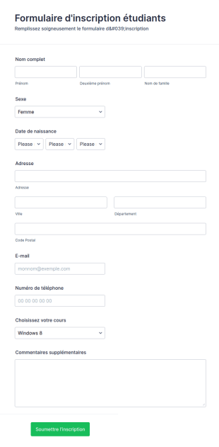 Fiche d'inscription 2020-2021 Modèle du formulaire | Jotform
