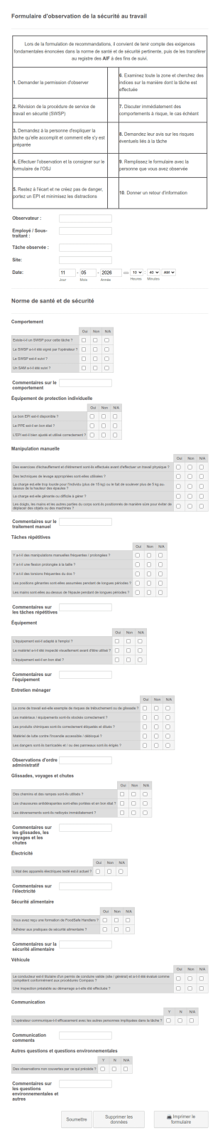 Formulaire D'observation De La Sécurité Au Travail