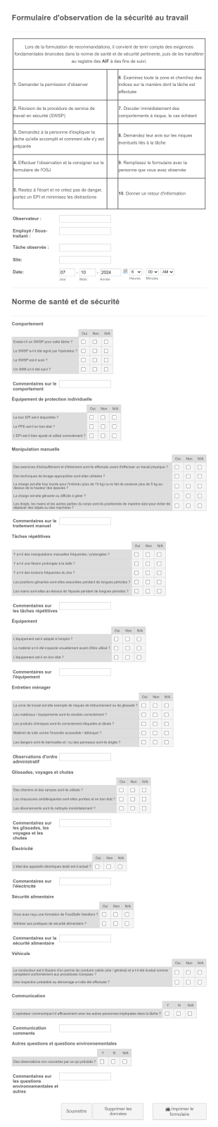 Formulaire D'observation De La Sécurité Au Travail