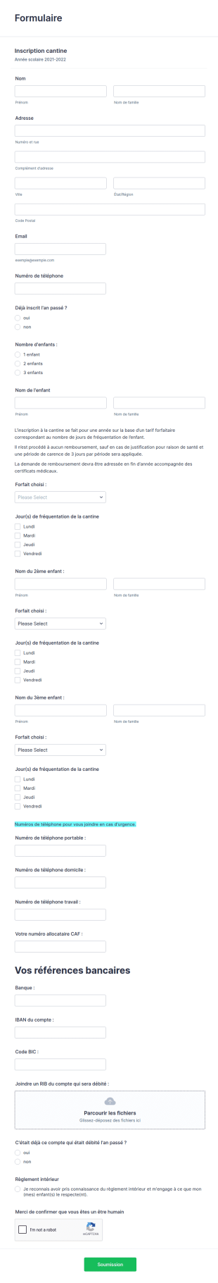 Formulaire Inscription Cantine