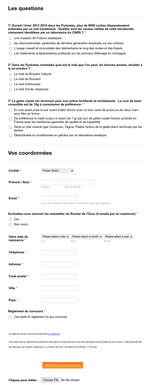 Formulaire Jeu Concours Sur Le Miel Form Template