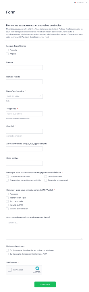 Formulaire Nouveaux Bénévoles