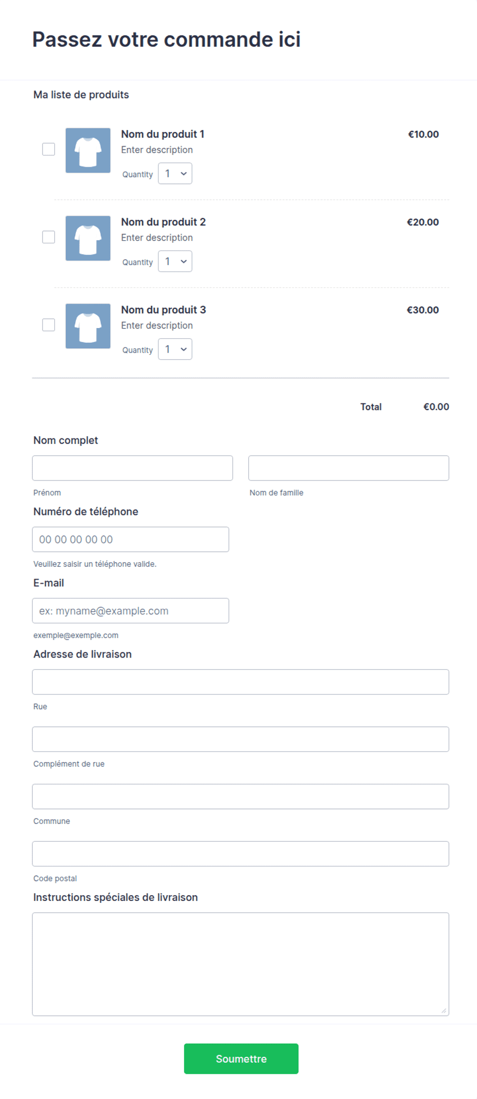Formulaire simple de commande sans paiement | Jotform